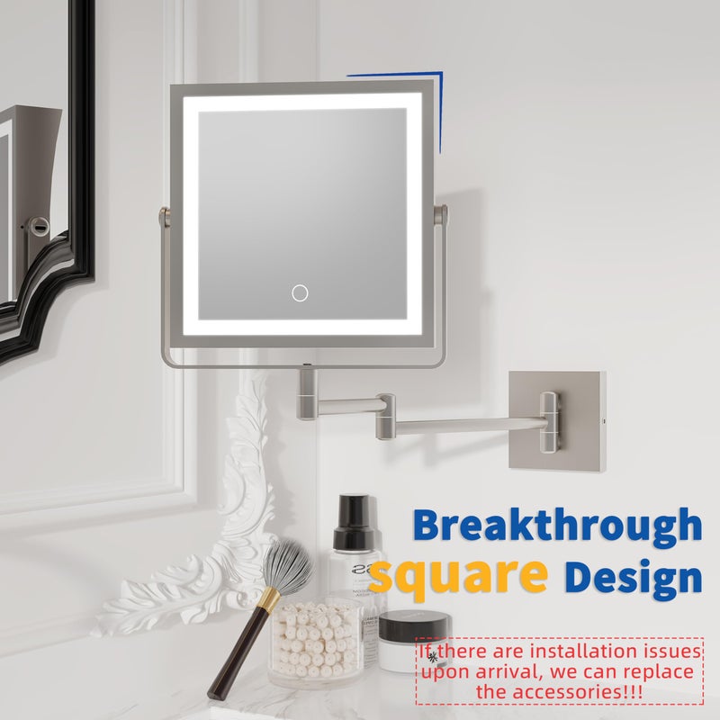Ruacq Rechargeable Wall Mounted Makeup Mirror with Lights  Double Sided 1X/10X Magnifying Vanity Mirror with 3 Color Light  Touch Screen Dimmable  360 Rotation Extension Foldable Arm(Brushed Nickel) - Image 2